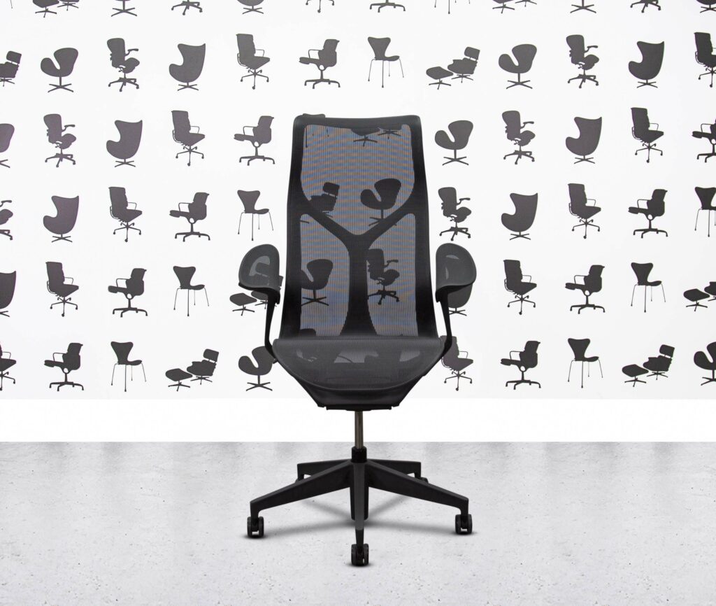 refurbished herman miller cosm chair high back graphite frame leaf arms black mesh back and seat