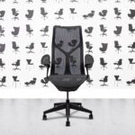 refurbished herman miller cosm chair high back graphite frame leaf arms black mesh back and seat