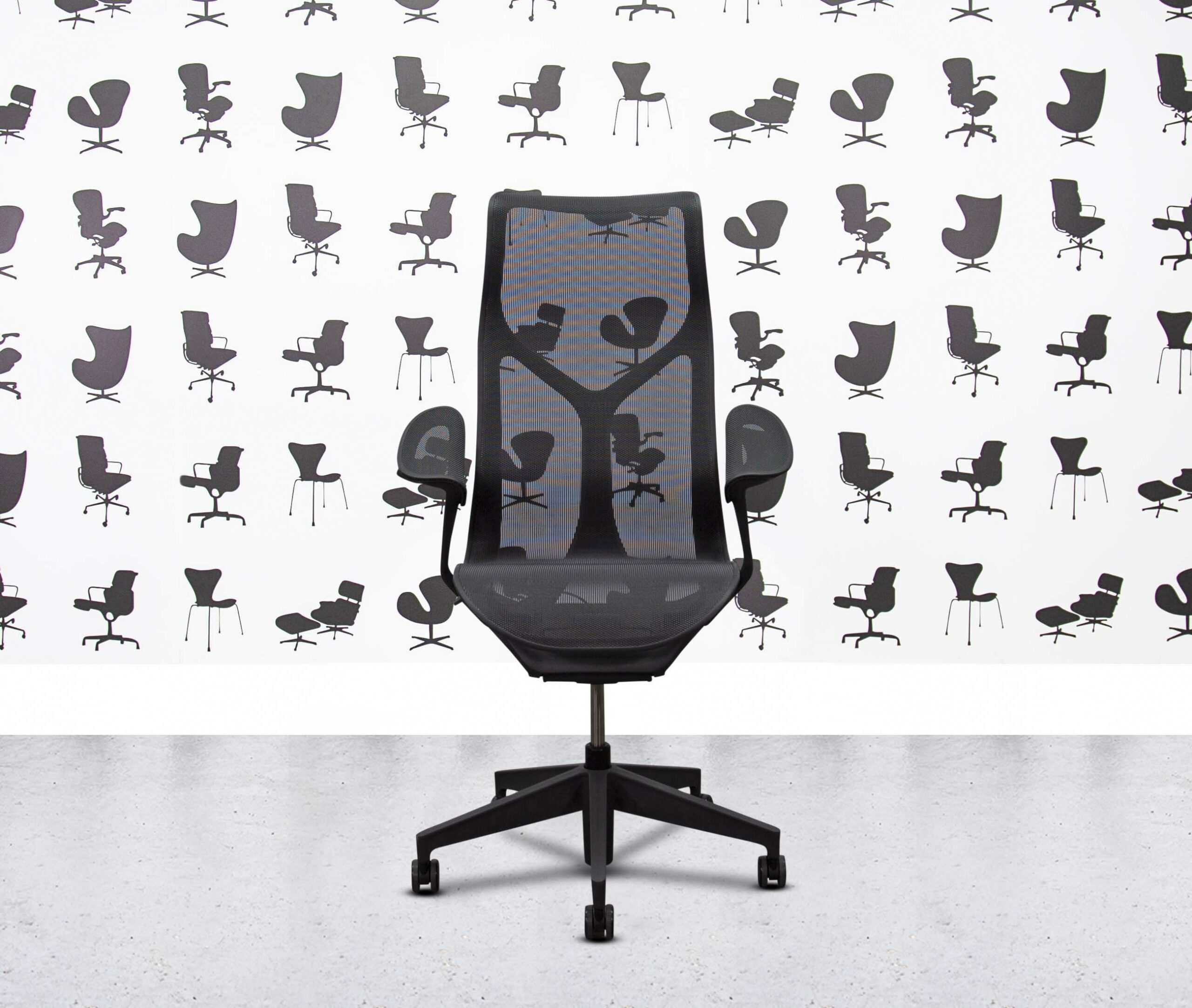 refurbished herman miller cosm chair high back graphite frame leaf arms black mesh back and seat refurbished herman miller cosm chair high back graphite frame leaf arms black mesh back and seat