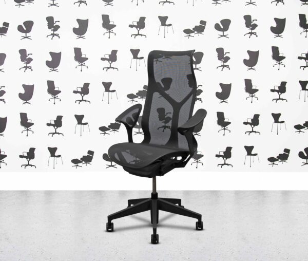 refurbished herman miller cosm chair high back graphite frame leaf arms black mesh back and seat
