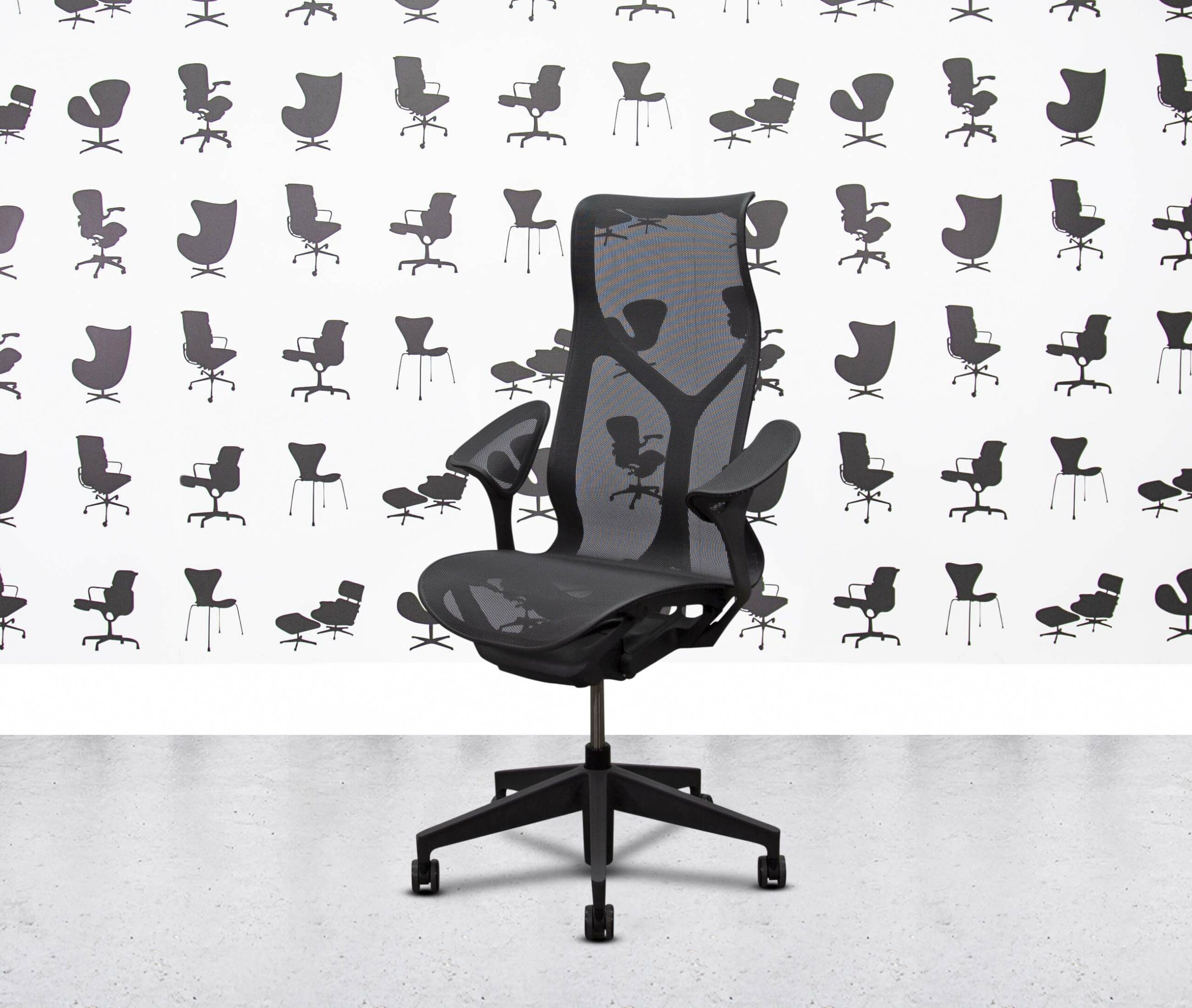 refurbished herman miller cosm chair high back graphite frame leaf arms black mesh back and seat refurbished herman miller cosm chair high back graphite frame leaf arms black mesh back and seat