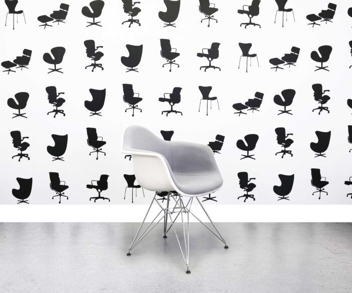 Refurbished Vitra Charles Eames DAR Chair - Light Grey Fabric Seat - White Plastic Frame - Chrome Base - Corporate Spec 1