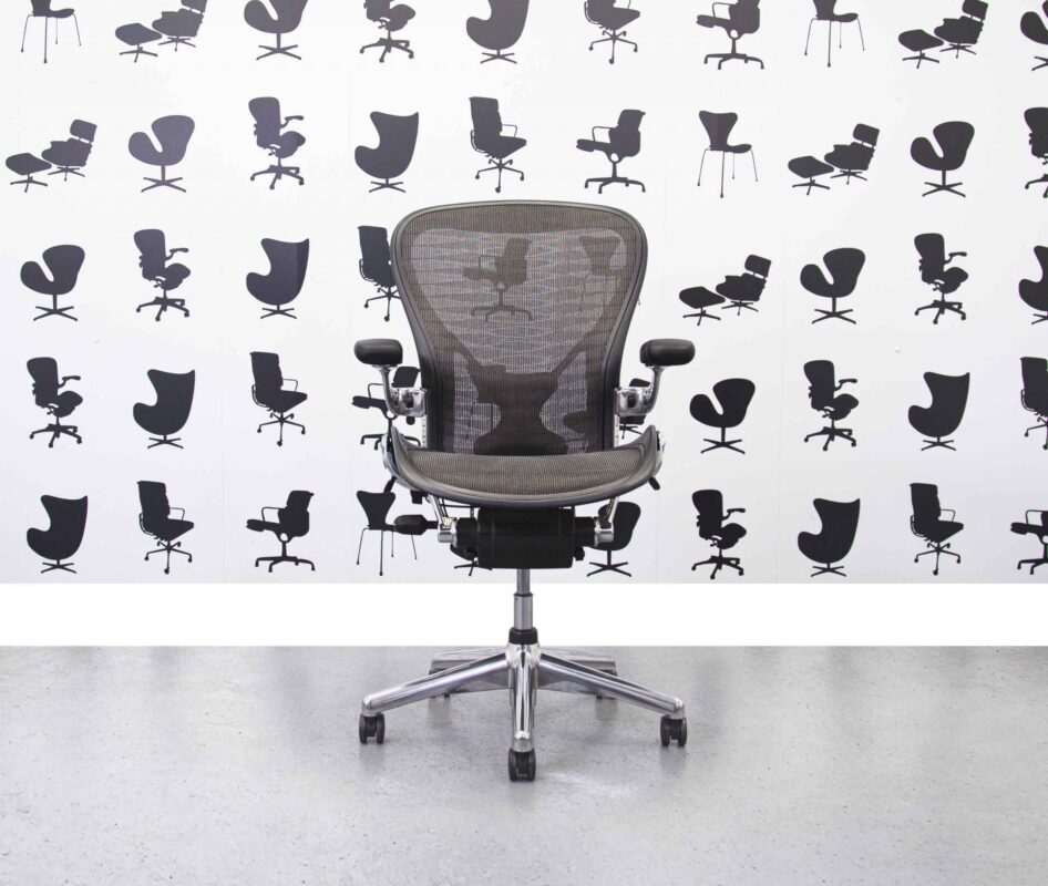 Refurbished Herman Miller Aeron Size C Full Spec - Executive Model - Graphite Frame Black Tuxedo Mesh - Posture Fit - Corporate Spec