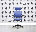 Refurbished Humanscale Freedom High Back with Headrest - Graphite Frame - Bluebell Fabric - Corporate Spec