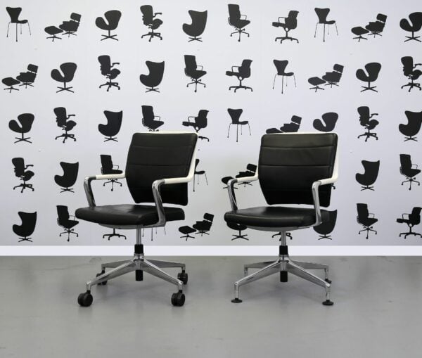 Refurbished Sedus Crossline Meeting Chair - Black Leather - Polished Aluminium Frame - White Plastic Finish