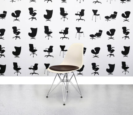 Refurbished Vitra Charles Eames DSR Chair - Brown Leather Seat Pan - White Plastic Frame - Chrome Base - Corporate Spec 3