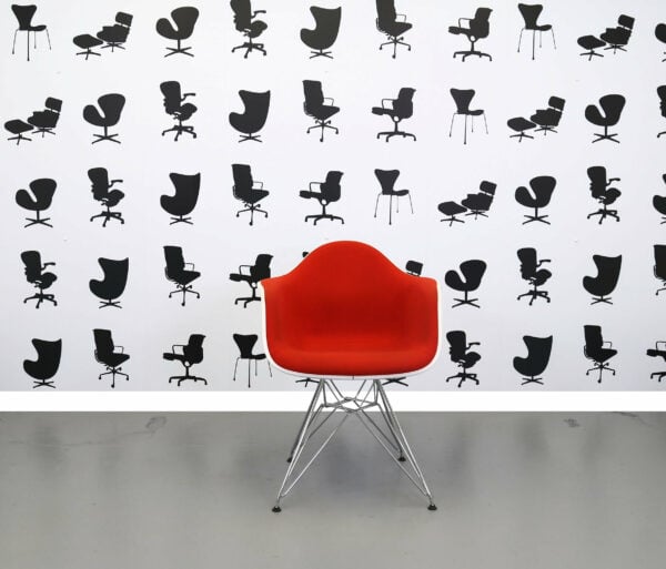 Refurbished Vitra Charles Eames DAR Chair - Red Fabric Seat - White Plastic Frame - Chrome Base
