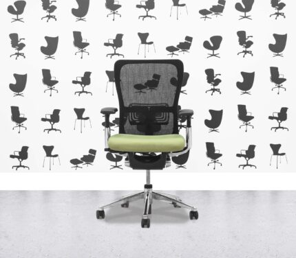 Refurbished Haworth Zody Desk Chair FULL SPEC - Black Mesh and Apple Seat - Polished Aluminium Frame - Corporate Spec 1