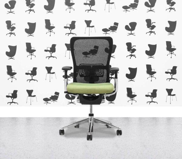 Refurbished Haworth Zody Desk Chair FULL SPEC - Black Mesh and Apple Seat - Polished Aluminium Frame - Corporate Spec 1