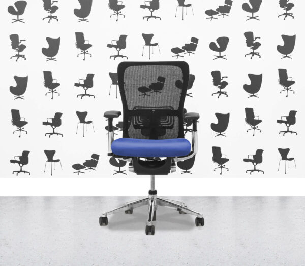 Refurbished Haworth Zody Desk Chair FULL SPEC - Black Mesh and Bluebell Seat - Polished Aluminium Frame - Corporate Spec 1