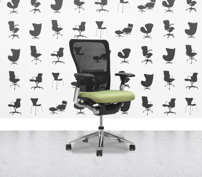 Refurbished Haworth Zody Desk Chair FULL SPEC - Black Mesh and Apple Seat - Polished Aluminium Frame - Corporate Spec