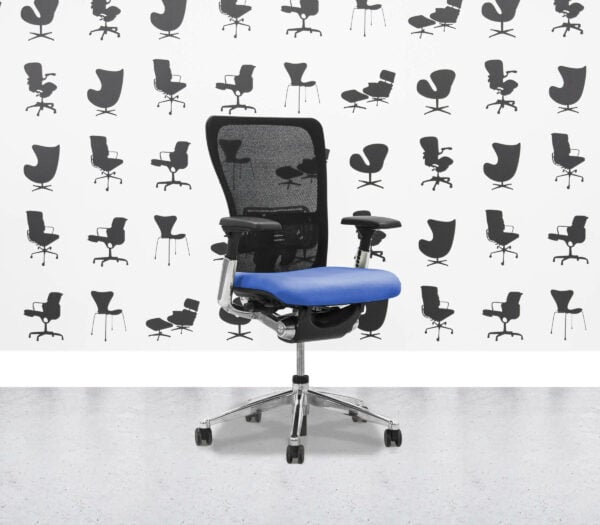 Refurbished Haworth Zody Desk Chair FULL SPEC - Black Mesh and Bluebell Seat - Polished Aluminium Frame - Corporate Spec
