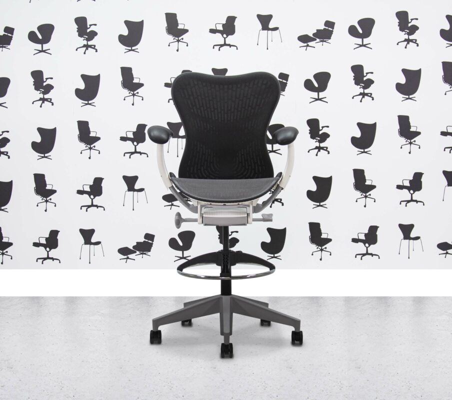 Refurbished Herman Miller Mirra 2 Stool - Fully Loaded - Black Butterfly Mesh - White Frame - Grey Seat - Corporate Spec