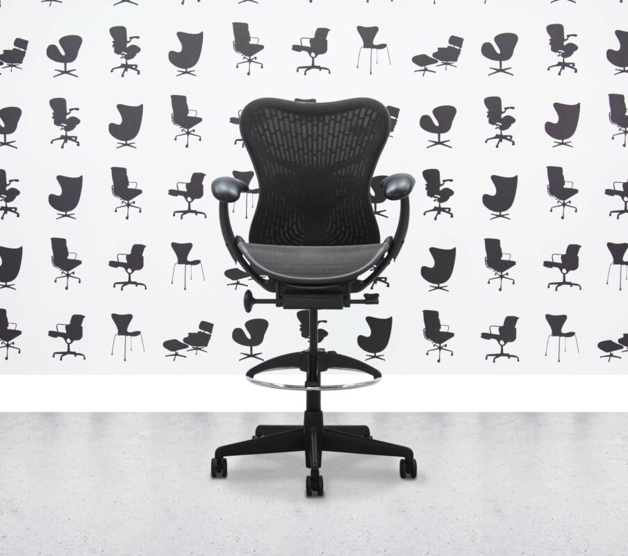 Refurbished Herman Miller Classic Mirra Stool - FULL SPEC - Black Butterfly Mesh - 4D - Tri-flex Grey Mesh Seat - Corporate Spec