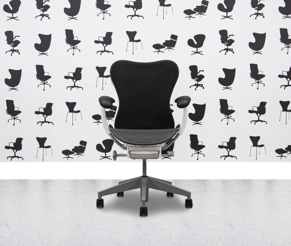 Refurbished Herman Miller Mirra 2 Fully Loaded - Black Butterfly Mesh - White Frame - Grey Seat - Corporate Spec
