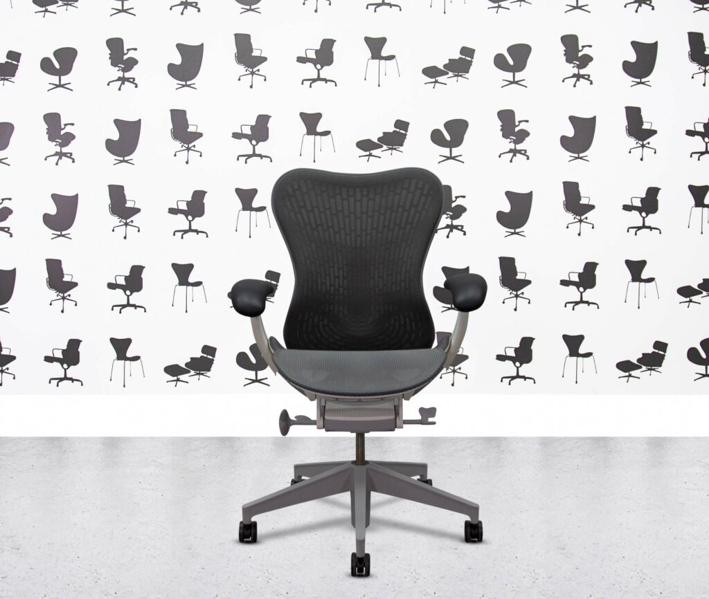 refurbished herman miller mirra 2 full spec white frame 4d grey butterfly mesh and tri flex seat