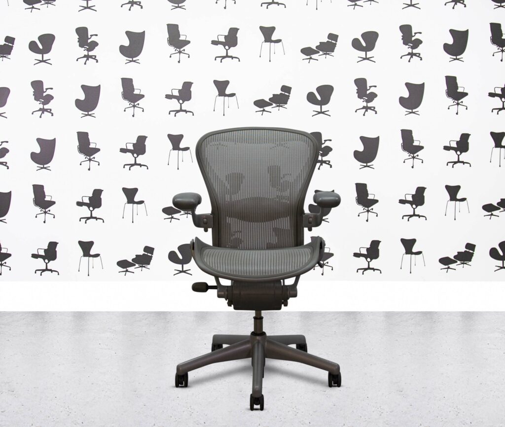 refurbished herman miller aeron classic size b titanium frame full spec grey back and seat