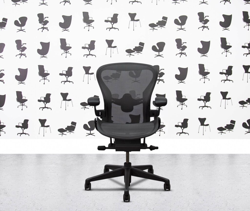 refurbished herman miller aeron remastered size b full spec graphite frame fixed lumbar black