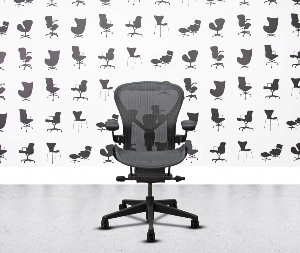 refurbished herman miller aeron remastered size b full spec titanium frame grey mesh back and seat