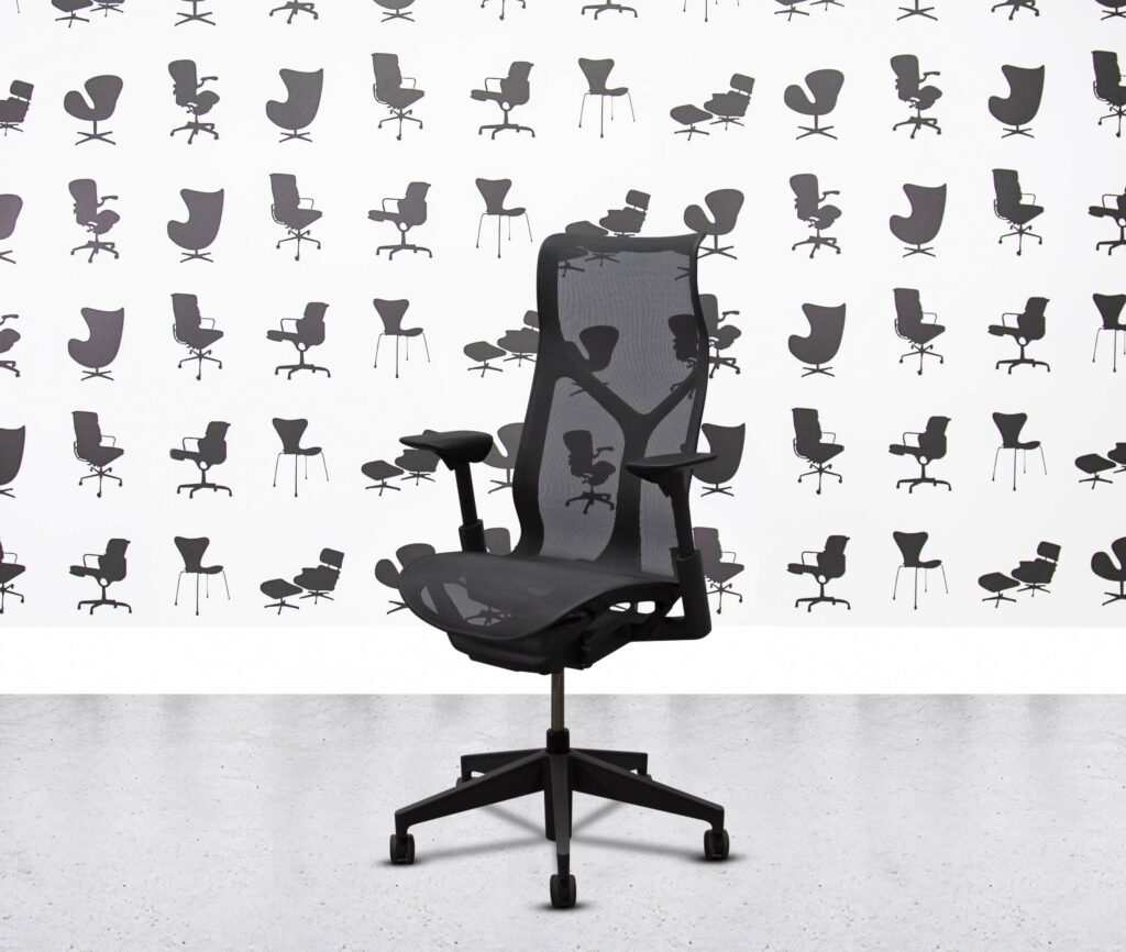 refurbished herman miller cosm chair high back graphite frame black mesh back and seat