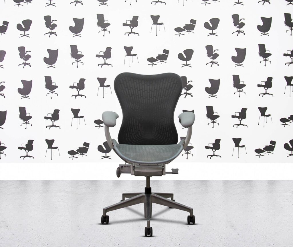 refurbished herman miller mirra 2 full spec 4d white frame polished aluminium base grey butterfly mesh and tri flex seat