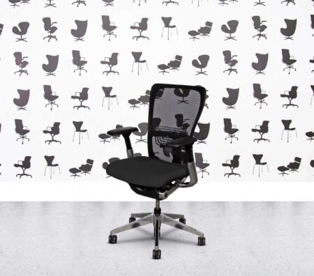 Refurbished Haworth Zody Desk Chair FULL SPEC - Polished Aluminium - Black Mesh - Leather - Black