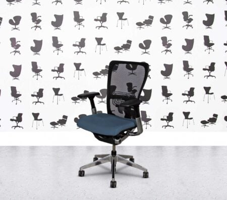 Refurbished Haworth Zody Desk Chair FULL SPEC - Polished Aluminium - Black Mesh - Leather - Bluette Dark Navy