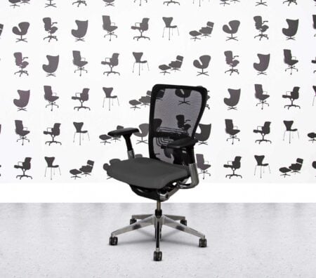 Refurbished Haworth Zody Desk Chair FULL SPEC - Polished Aluminium - Black Mesh - Leather - Grigio Grey