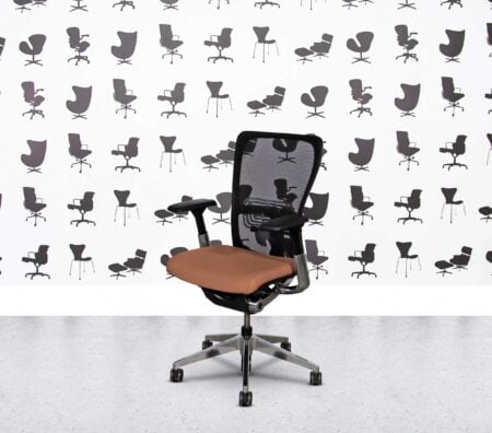 Refurbished Haworth Zody Desk Chair FULL SPEC - Polished Aluminium - Black Mesh - Leather - Autumn Tan