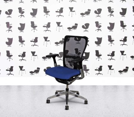 Refurbished Haworth Zody Desk Chair FULL SPEC - Polished Aluminium - Black Mesh - Leather - Royal Blue