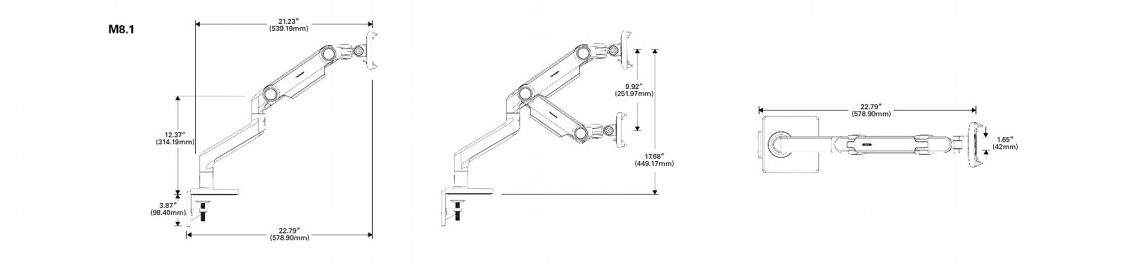 Refurbished Humanscale M8.1 Dual Monitor Arm Desk Mount - Black -specs