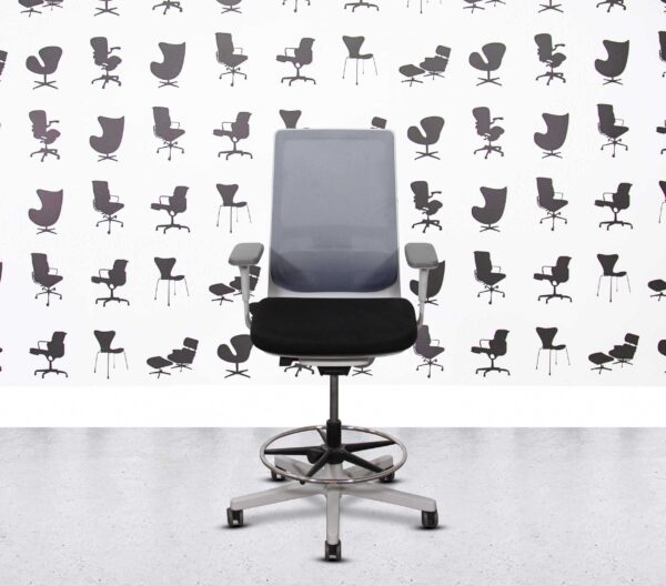 Refurbished ICF Pyla Stool - White Frame - Blue mesh - Black Seat