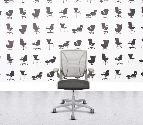Refurbished Humanscale Diffrient World - Mesh Back - White Frame and Base - Dark Grey Seat