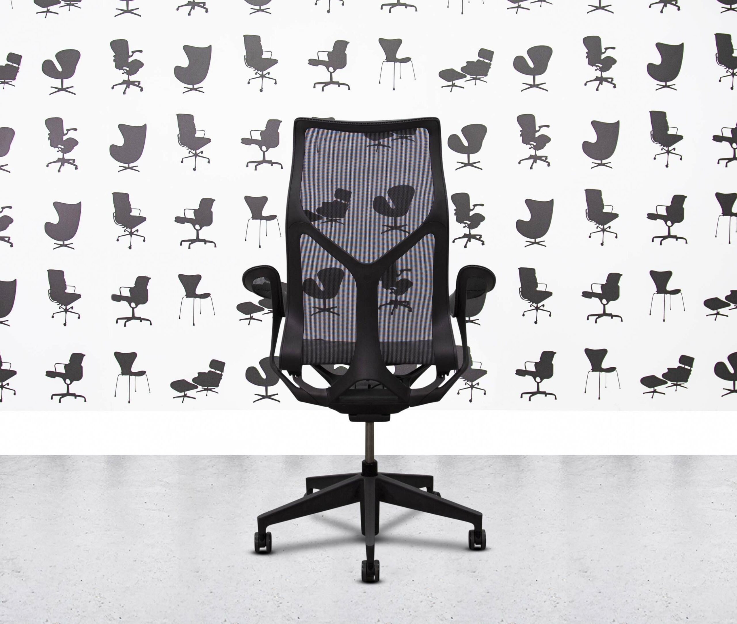 refurbished herman miller cosm chair high back graphite frame leaf arms black mesh back and seat refurbished herman miller cosm chair high back graphite frame leaf arms black mesh back and seat