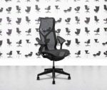 refurbished herman miller cosm chair high back graphite frame leaf arms black mesh back and seat