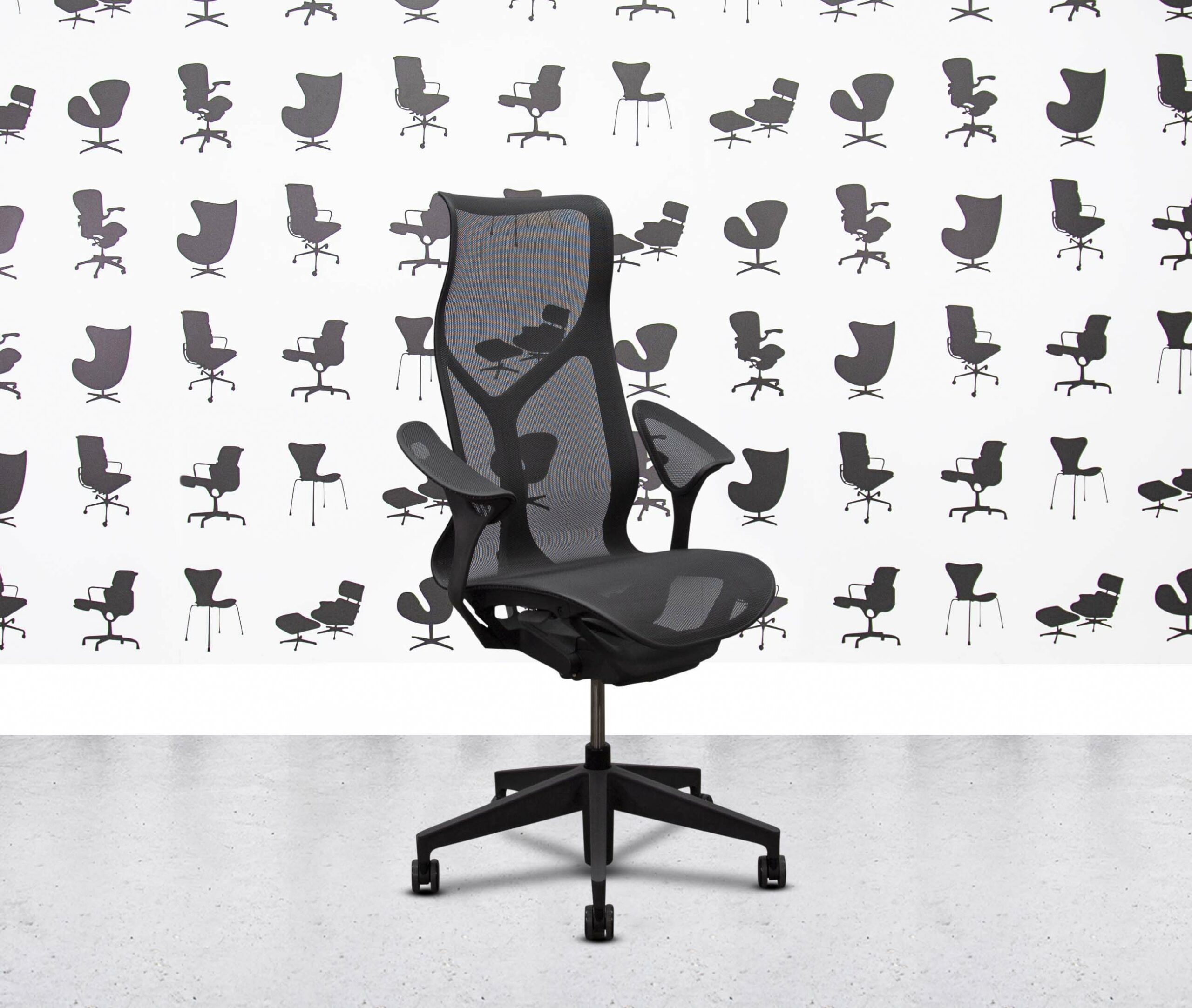 refurbished herman miller cosm chair high back graphite frame leaf arms black mesh back and seat refurbished herman miller cosm chair high back graphite frame leaf arms black mesh back and seat